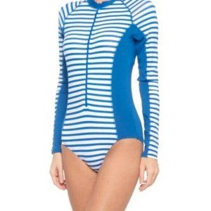 Cabana Life Women L Striped Blue Geo Swim Unisuit Long Sleeves UPF 50 Padded Cup